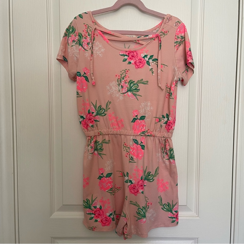 Girls Pink Floral Romper with Short Sleeves – Size 12